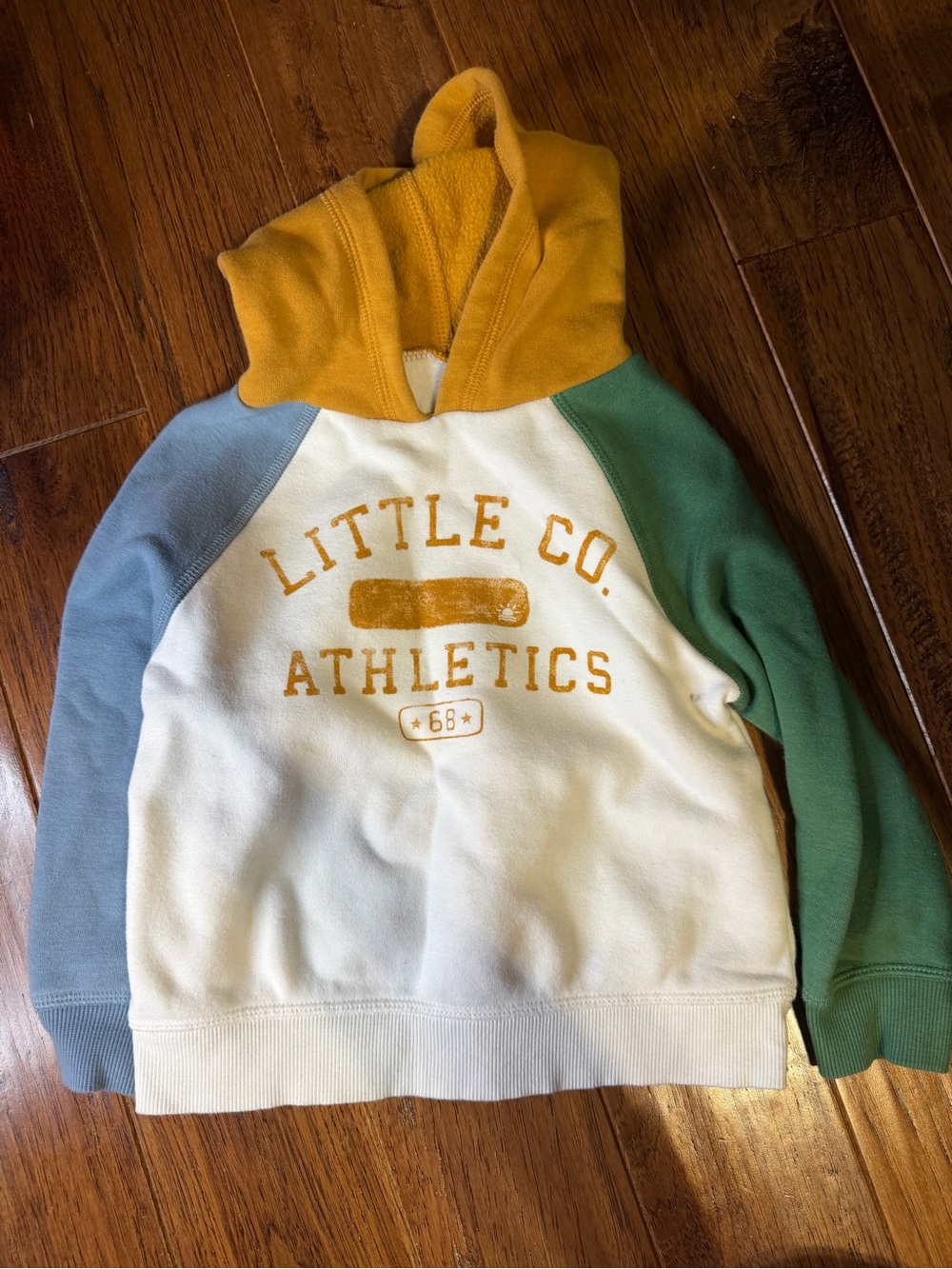 Little Co. Athletics Colorblock Hooded Sweatshirt in Cream, Yellow, Green, Blue